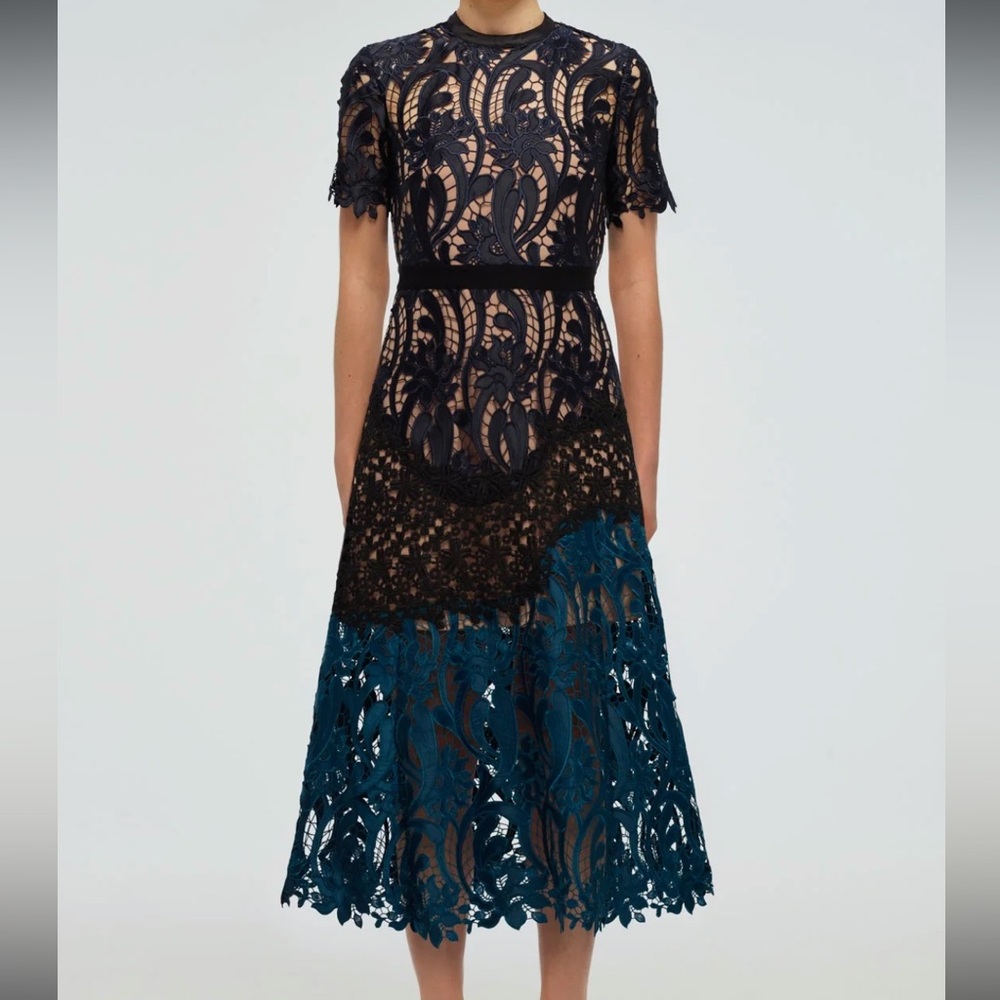 Self Portrait Prairie Blue Green Lace Midi Dress 2